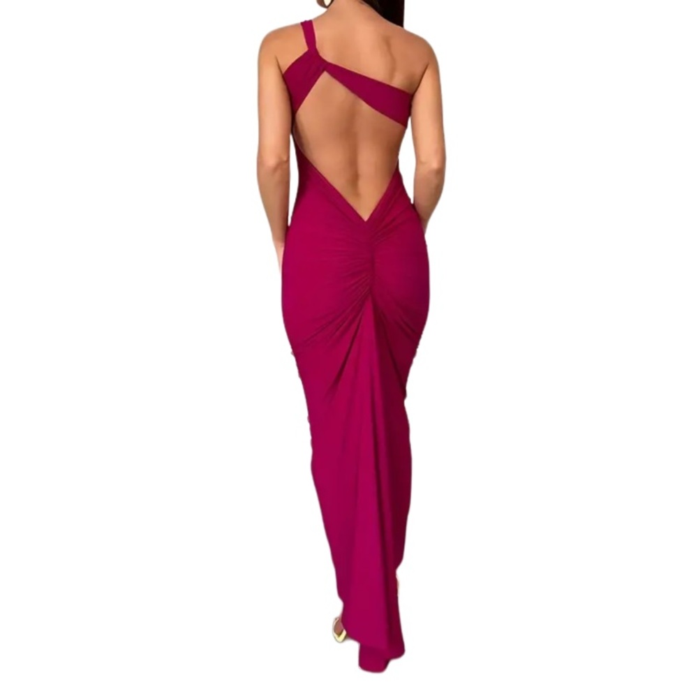 NWT Hot Pink Maxi Gown Barbie Ruched Backless Bodycon Knit One-Shoulder Dress S